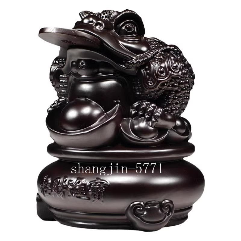 8" Ebony Wood Carved 3 Legged Toad Statue Lucy Frog Ingot Statue Feng Shui Decor