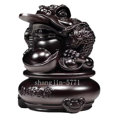 8" Ebony Wood Carved 3 Legged Toad Statue Lucy Frog Ingot Statue Feng Shui Decor