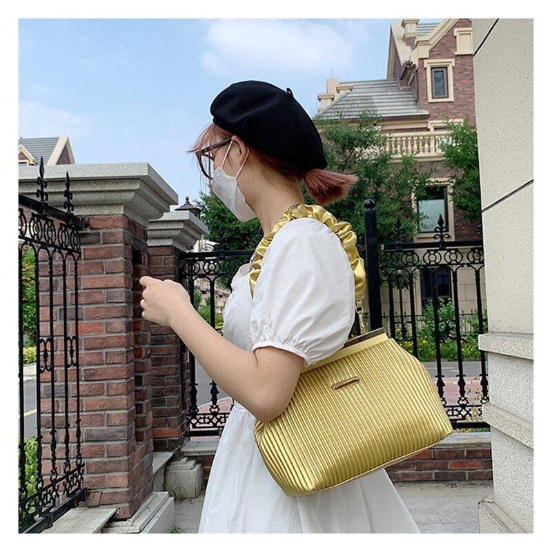 Luxury Pleated Frame Bags Party Gold Handbag Purse Vintage Underarm Shoulder Bag