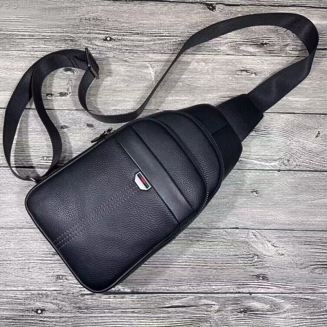 Top Soft Cow Leather Black Sling Backpack, Mens Casual Crossbody Bag for Hiking