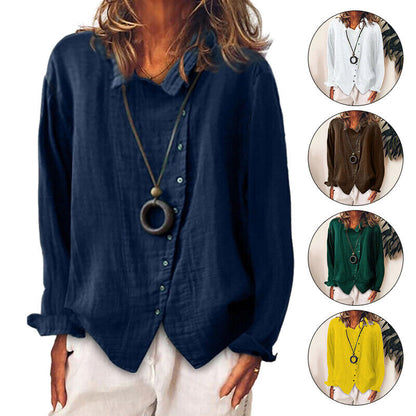 Women Cotton Linen Plain Blouse Tops Baggy Long Sleeve Casual Loose T-Shirt
