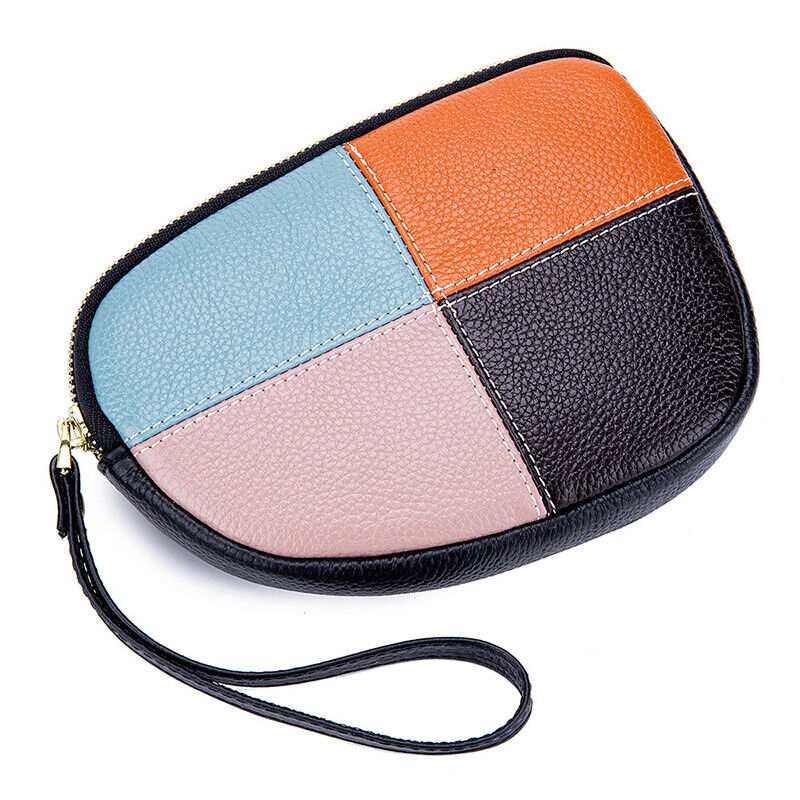 Womens Leather Hand Collar Bag Zipper Contrast Color Cowhide Phone Clutch Wallet