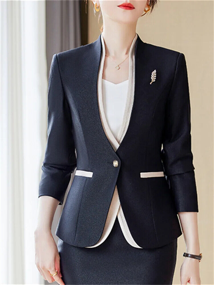 2 Piece Sets Women Office Ladies V Neck Single Button Blazers Skirt Suits