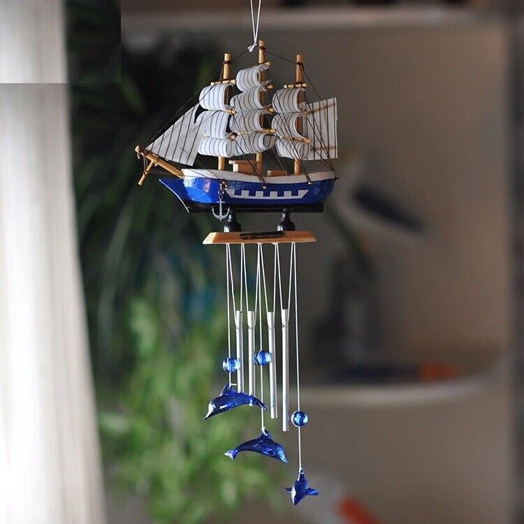 Wind Chimes Mediterranean Style Sailing Boat Ocean Series Dolphin 16x4x41cm Wood