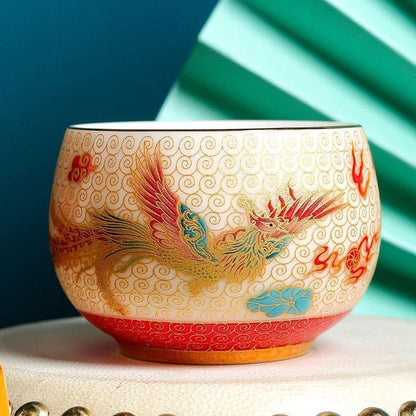 Chinese Style Sheep Fat Jade Porcelain Tea Cup Tea Set Dragon Phoenix Cup