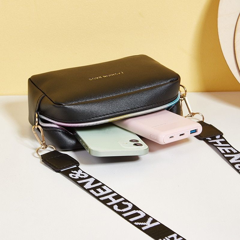 Simple Style Small Shoulder Bag Solid Color Leather Wide Strap Crossbody Handbag