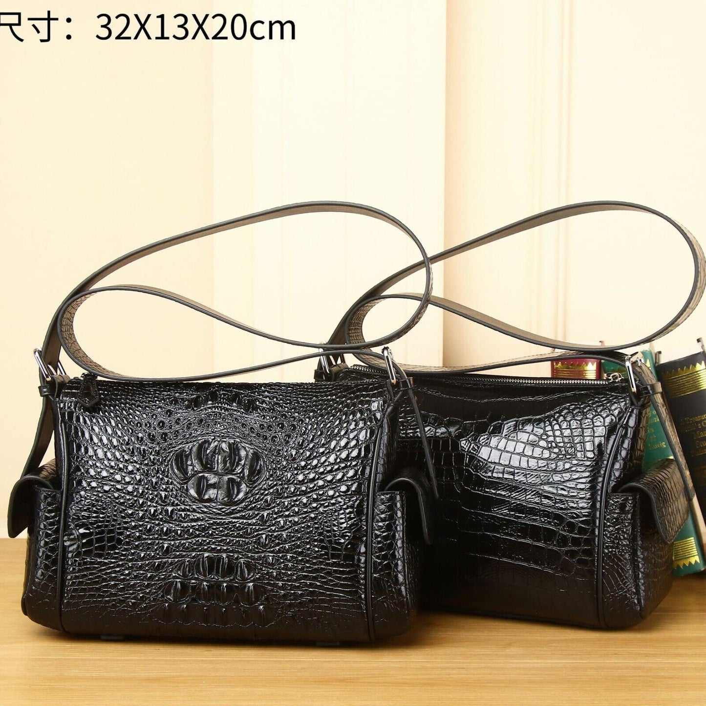 100% Real Leather Shoulder Bag, Designer Crocodile Embossed Sling Bag for Travel