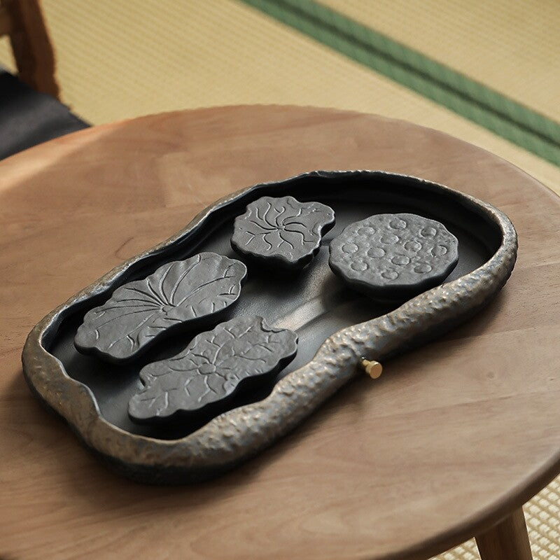 Crude Pottery Tea Tray Water Reservoir Draining Serving Tray Antique Style China