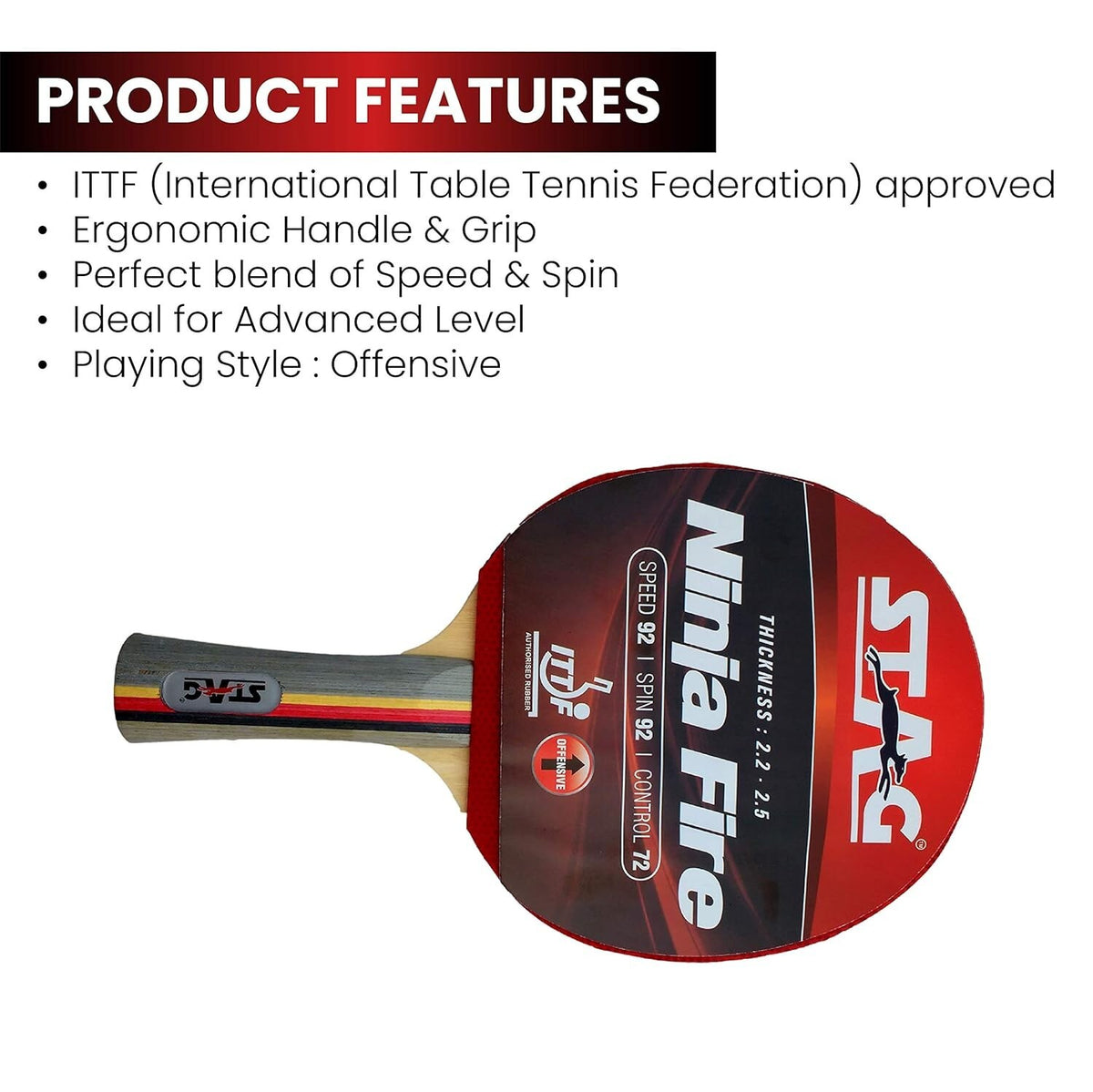 Advanced ITTF Approved Rubber Ninja Fire Wood Table Tennis Racquet Multicolour
