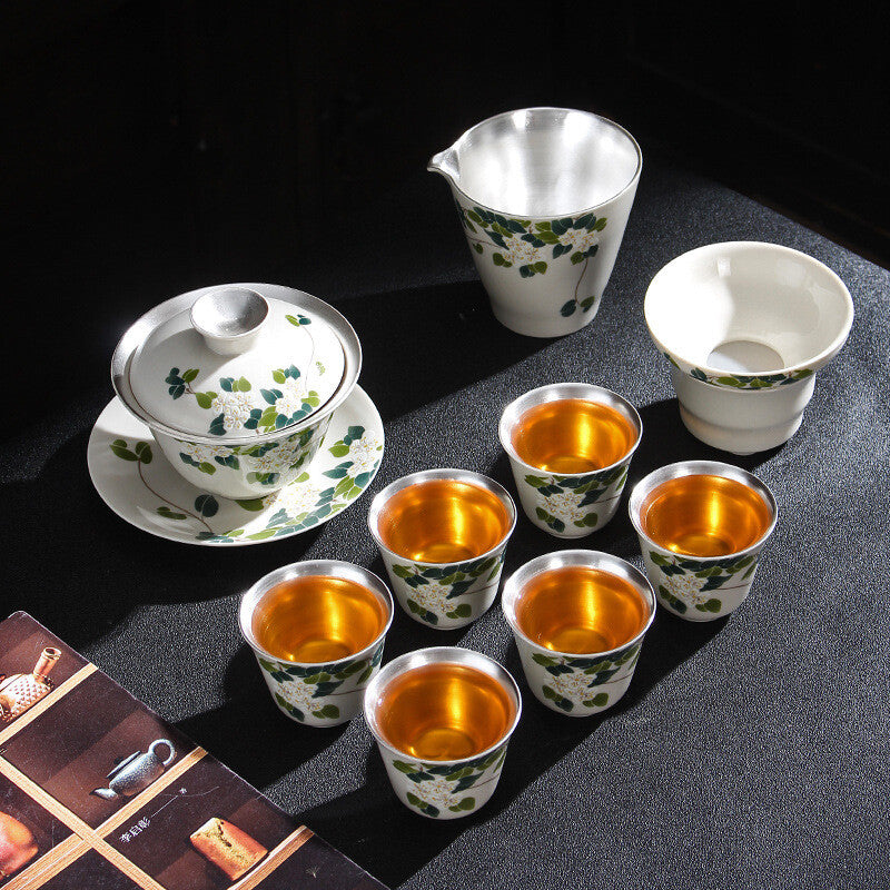 Health Care Pure Silver Tea Set Porcelain Flower Relief Honeysuckle Gaiwan Cups