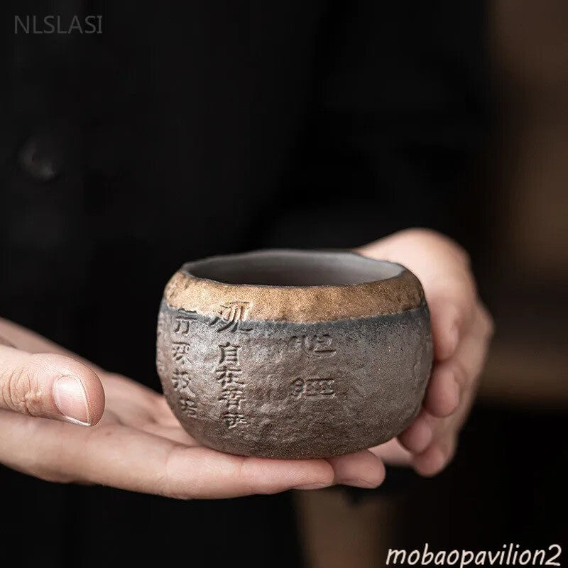 Buddhism 120ml Rough Pottery Handmade Relief Heart Sutra Zen Cup Ceramic Master