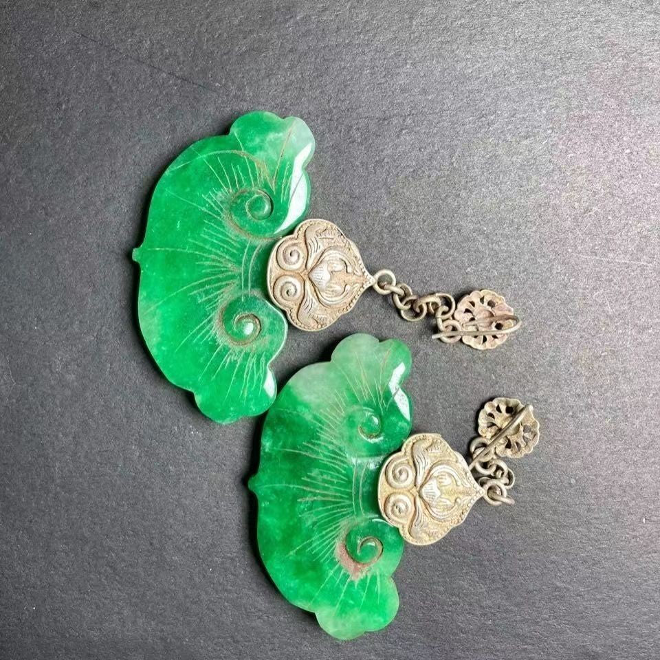 Pair of Old Emerald Tibetan Silver Fan Earrings - Ancient Jade Antique Jewelry