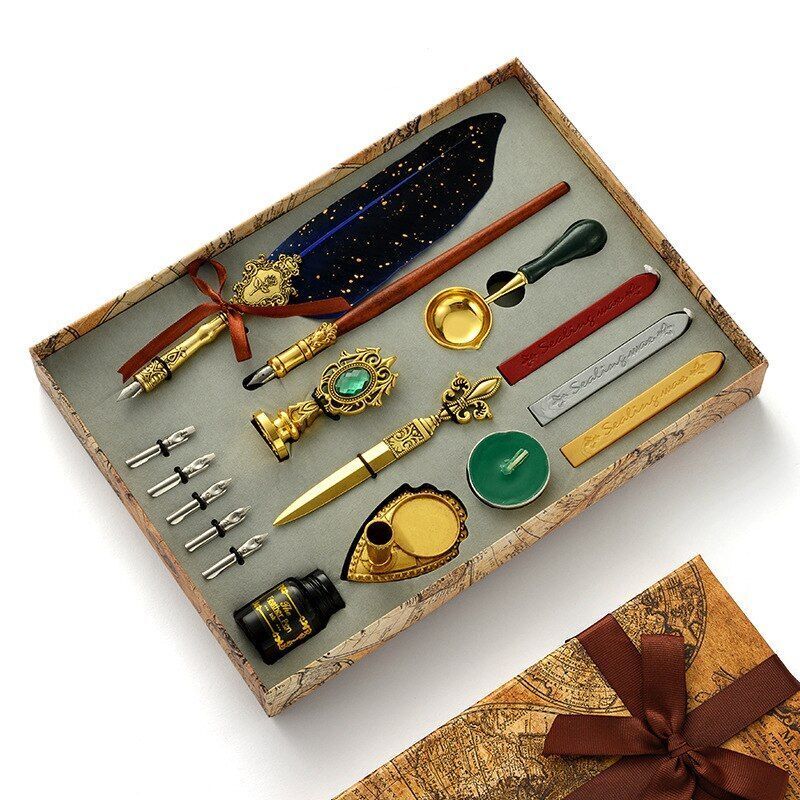 Wax Stamps Seal Feather Dip Quill Ink Gift Calligraphy Sealing Kits 2 3 Pen Sets
