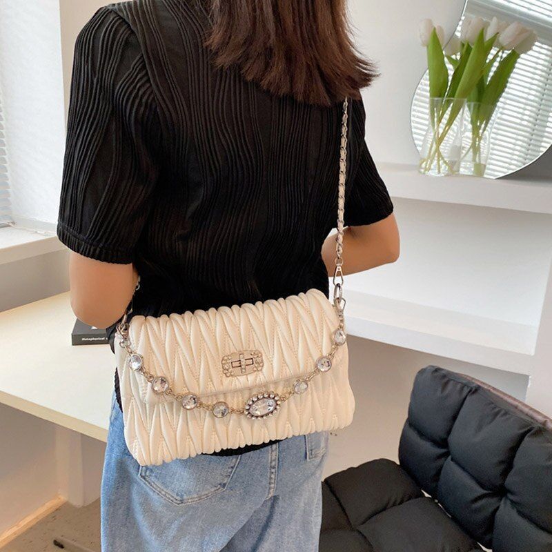 Pleated Crossbody Bag Texture Rhinestone Hand Shoulder Bag Versatile 25*7*14 CM