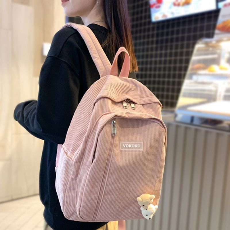 Stripe Corduroy Woman Backpack Schoolbag Fashion Bag Student Book Pack Polyester
