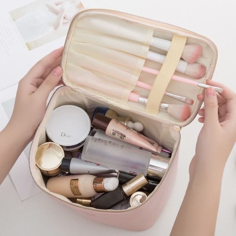 Large Cosmetic Bag Synthetic Leather Waterproof Zipper Makeup Traveling Case 1PC