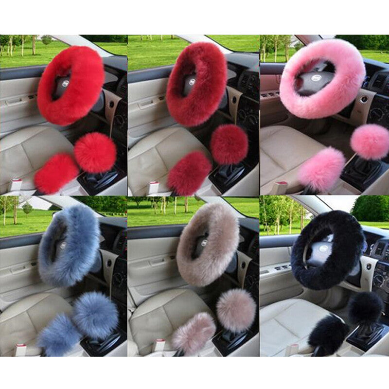 Universal 3Pcs Wool ry Fluffy Thick Car Steering Wheel Cover Accessories