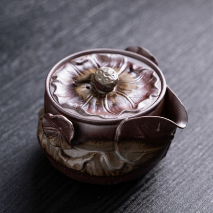 Crude Pottery Tea Pot Lotus Carved Relief Ceramic Pot With Infuser 200ml China