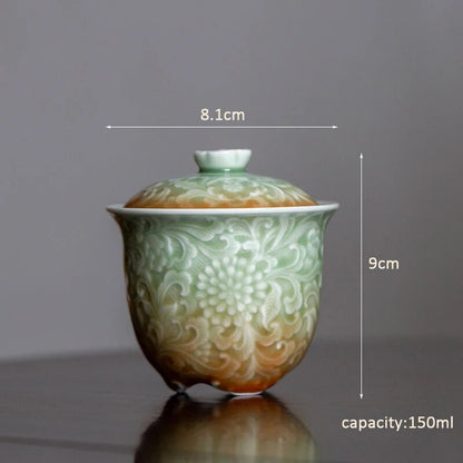 Celadon Carved Relief Gaiwan Ceramic Chinese Tea Bowl Vintage Tea Cup Household