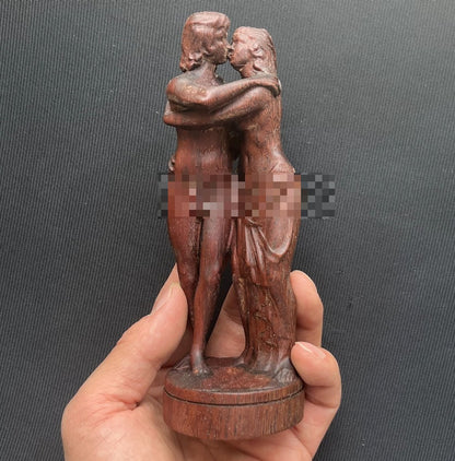 Unique 6" Rosewood Carved Lesbian Girl Kiss Statue Beauty Figurine Model Home