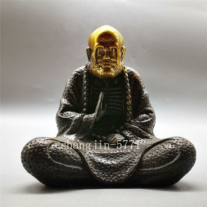 Folk China Tibet Buddhism Temple Bronze Gilt Arhat Damo Buddha Statue