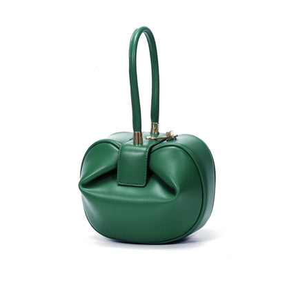 Real Leather Wonton Round Pouch Clutch Purse Top Handle Tote Handbag Grab Bag
