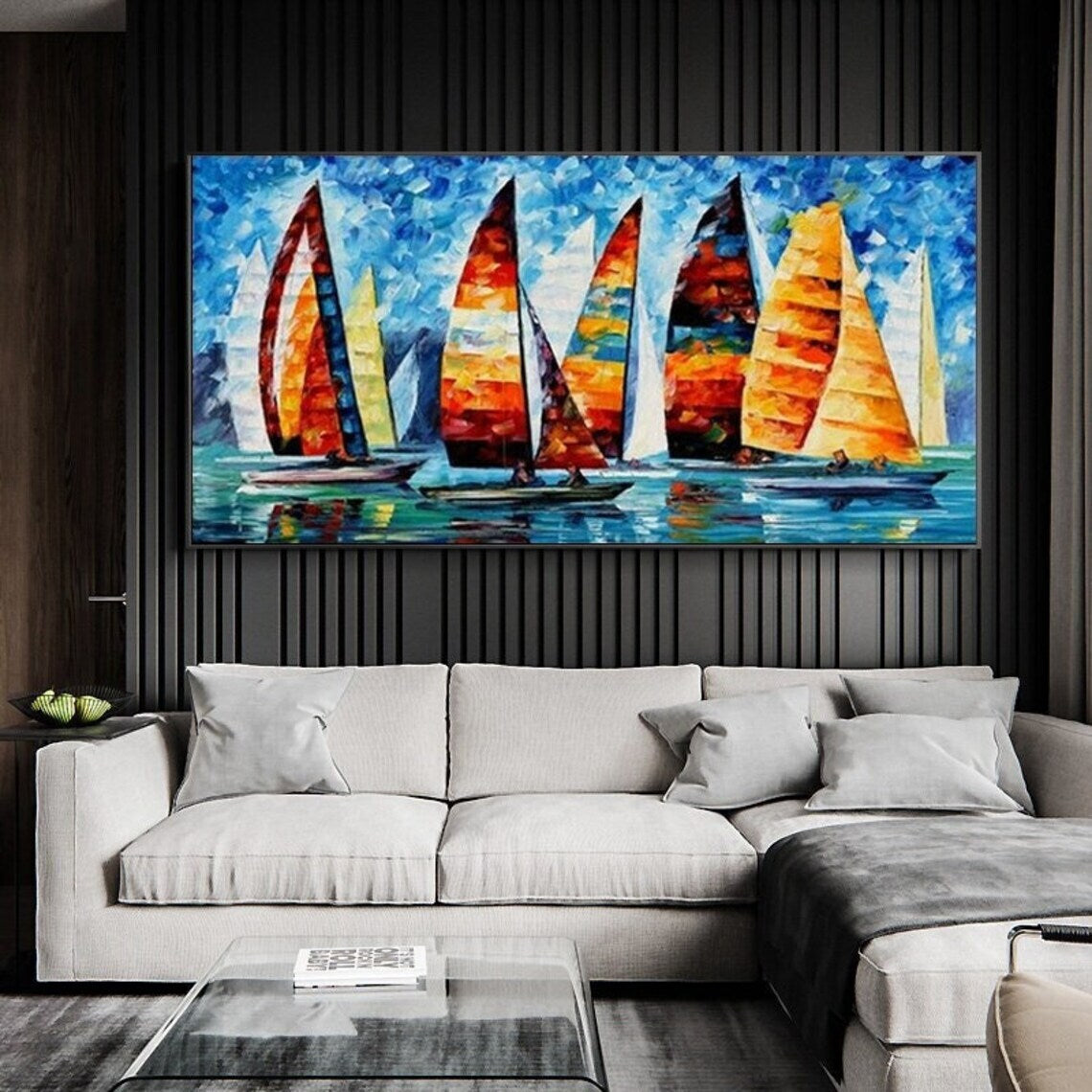 Large Sailboat Oil Painting Handmade Canvas Colorful Harbor Painting Nautical