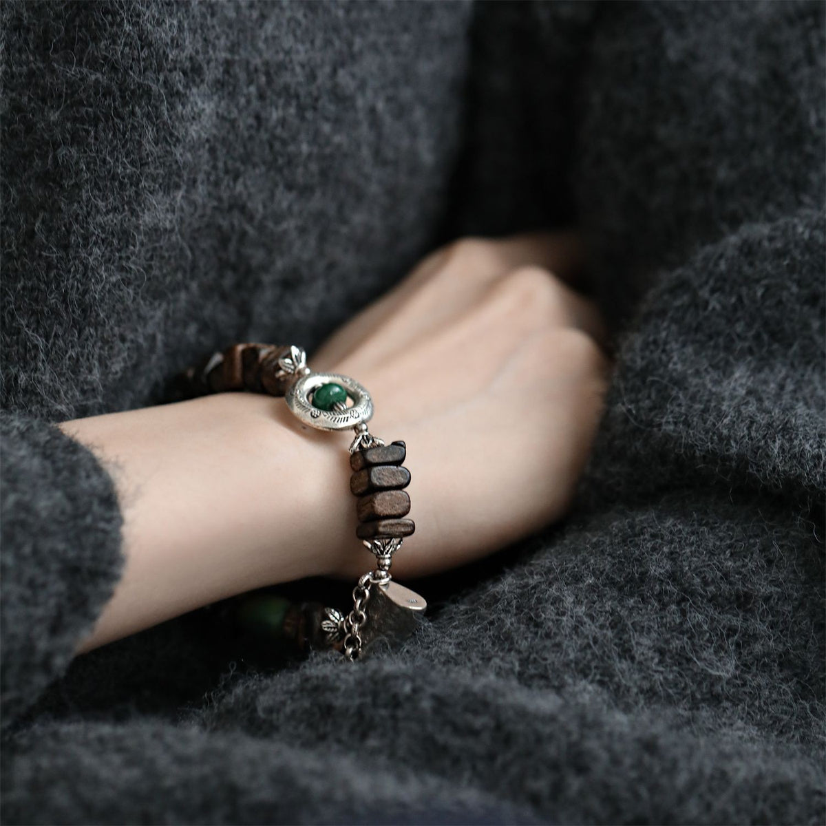 Green Jujube Agate Aventurine Agarwood Silver Axe Bracelet Vintage Chinese Style