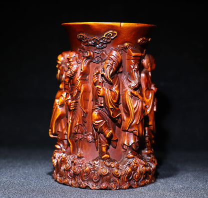 5.1" Chinese Natural Boxwood Hand Carved Eight Immortals Character Brush Pot