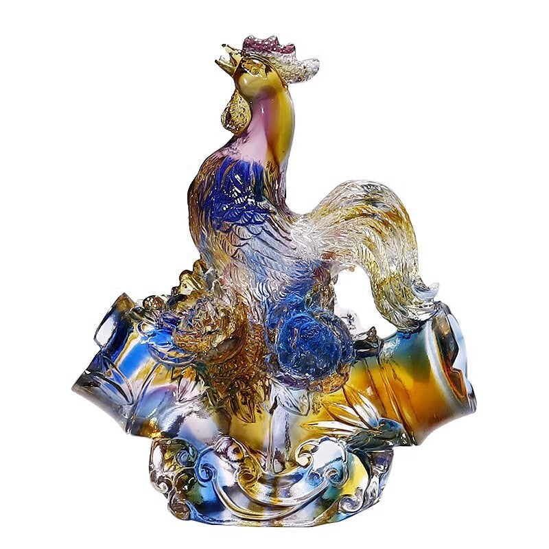 Chinese Liu Li Crystal Glass Rooster Statue Feng Shui Ornament Decor