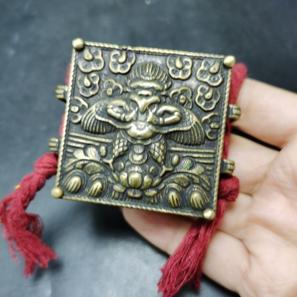 Vintage Tibetan Brass Gau Box Garuda Double Vajra Amulet 5.8×2.2cm