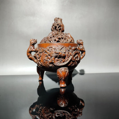 vintage Boxwood Chinese Brown Tripod Censer buddha incense holder dragon statue
