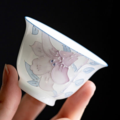 Handmade Tea Cup Porcelain Personal Cup Lily Floral Relief Carved 45ml One Piece