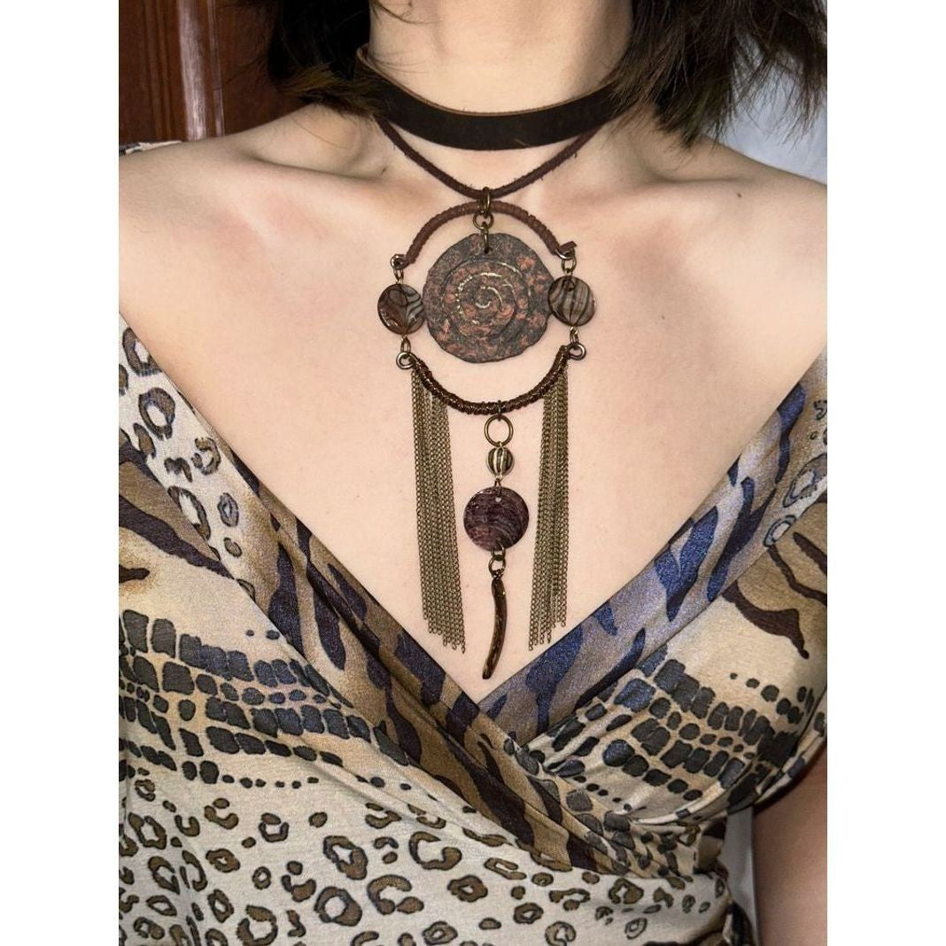 Original Handmade Heavy Leather Necklace Retro Tribal Tassel Choker