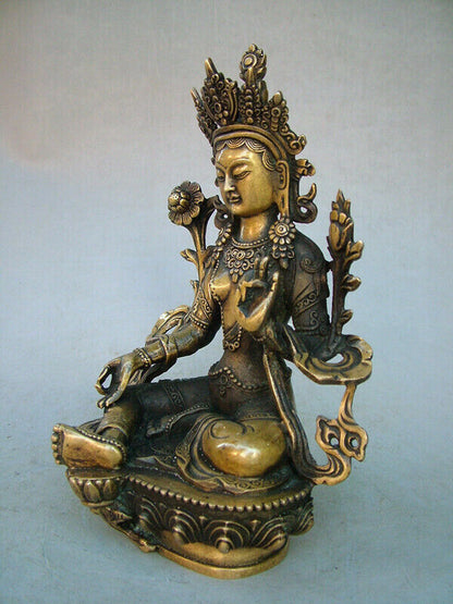 9" Tibet Bronze Gilt Green Tara Mahayana Buddhism Enlightenment Goddess Statue