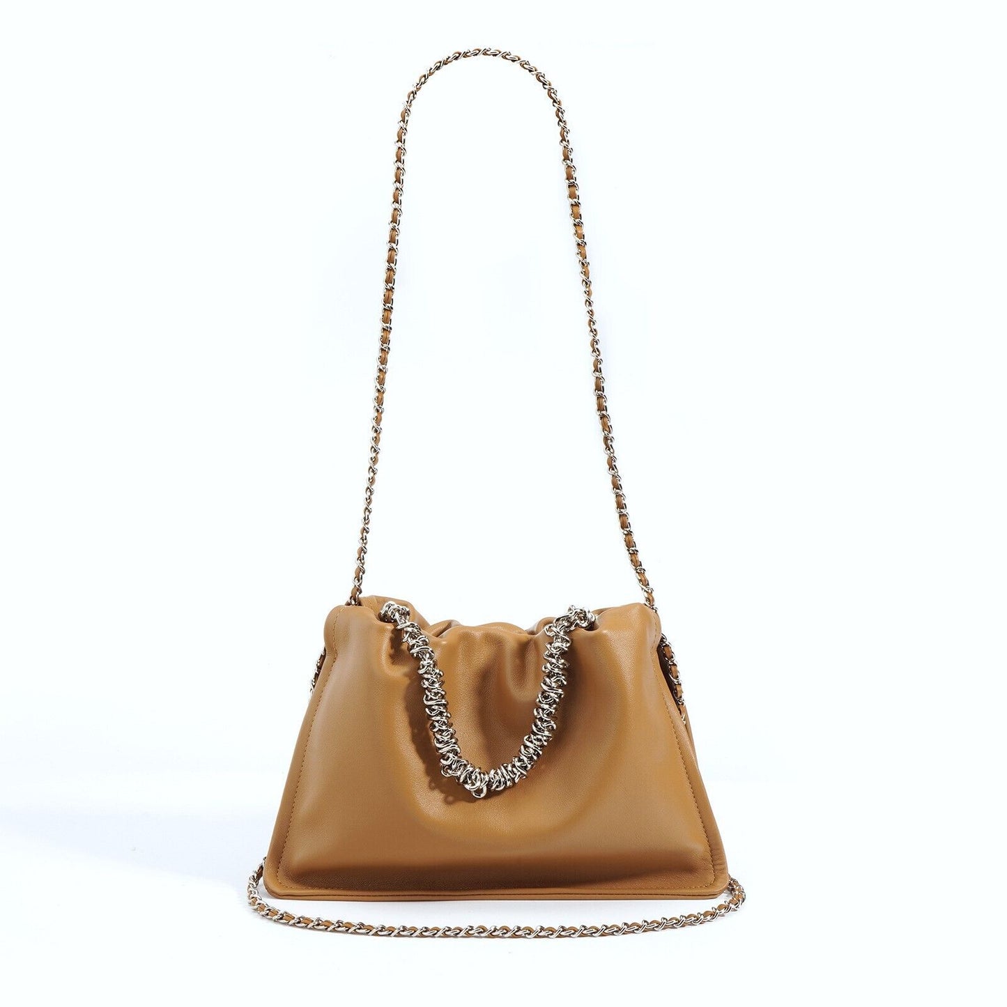 Ruched Real Leather Clutch Purse Pouch Tote Shoulder Bag Crossbody w/ Chains
