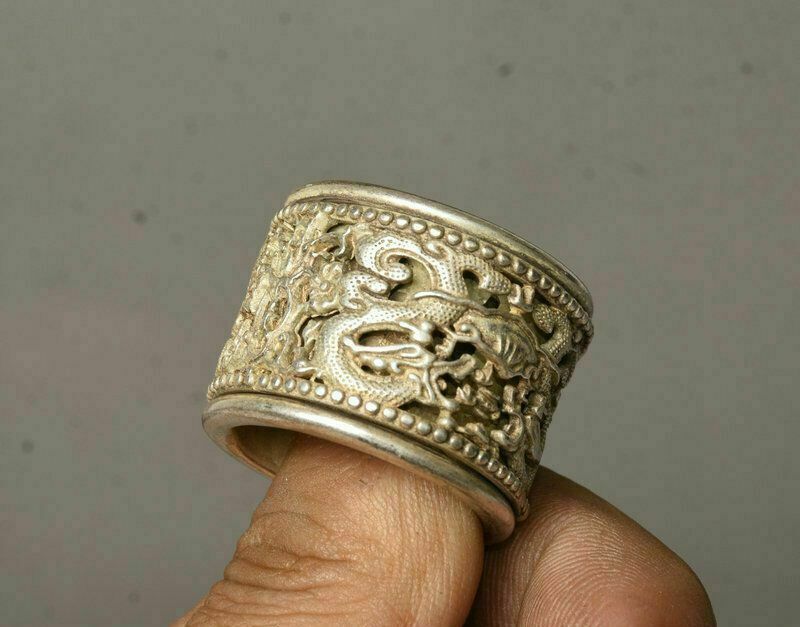 3Cm Chinese Old Miao Silver Handmade Dynasty Dragon Woman Finger Ring Statue