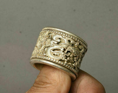 3Cm Chinese Old Miao Silver Handmade Dynasty Dragon Woman Finger Ring Statue