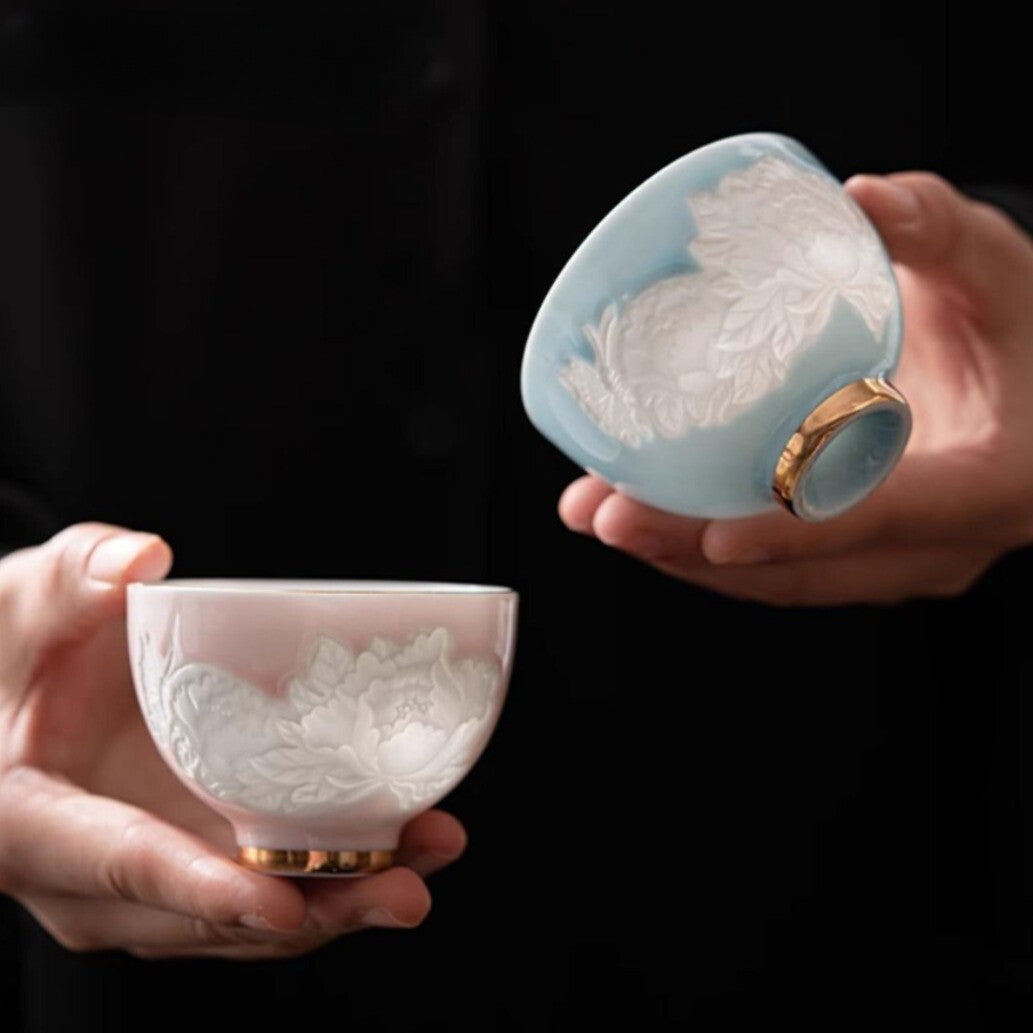 Shadow Carving Flower Teacup Handmade Tea Bowl Portable Travel Personal Tea Set