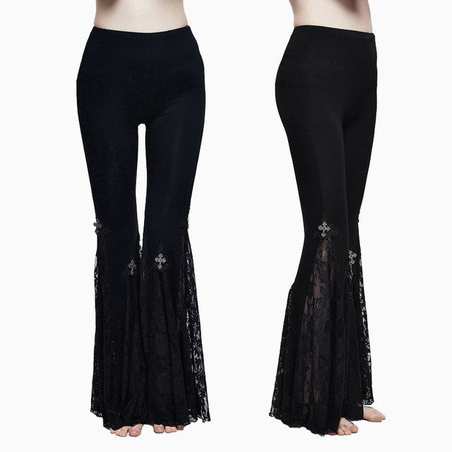 Women Gothic Sexy Lace Stretch Leggings Steampunk High Waist Black Flare Pants