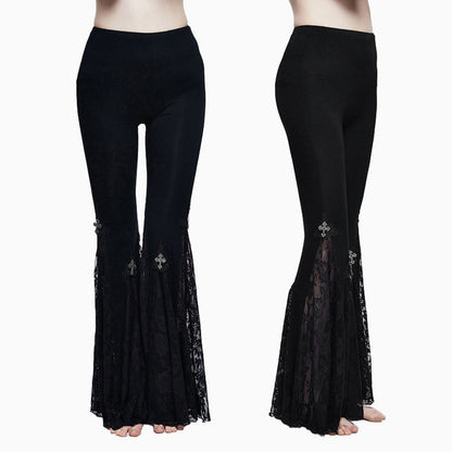 Women Gothic Sexy Lace Stretch Leggings Steampunk High Waist Black Flare Pants