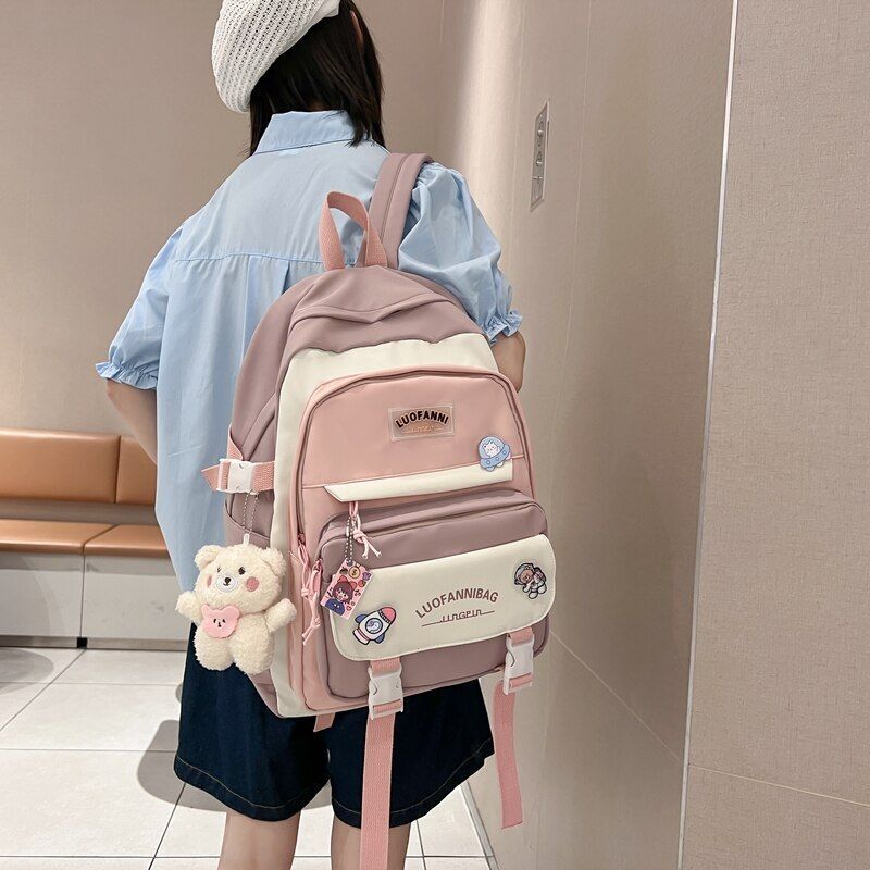 Patchwork Badge Woman Backpack Waterproof High School Bags 31*15*44 /30*13*41 CM