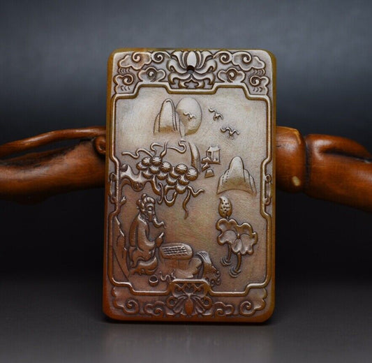 Vintage Chinese Antique Natural Hotan Jade Carved Figure Statue Pendant Jewelry