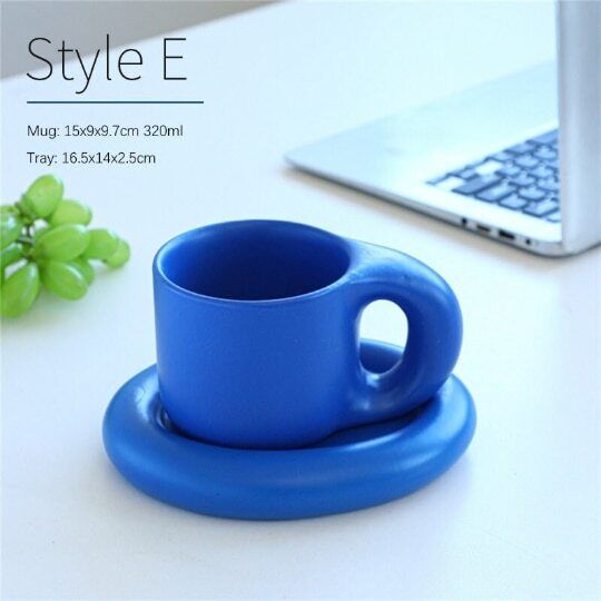 Nordic Klein Blue Coffee Mug with Fat Big Handle Ceramic Cup with Saucer