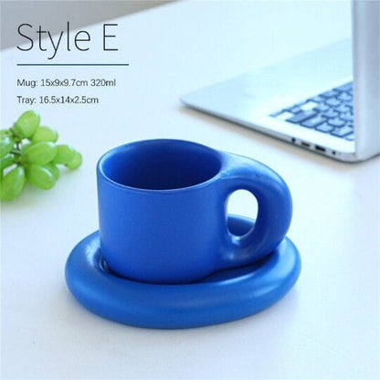 Nordic Klein Blue Coffee Mug with Fat Big Handle Ceramic Cup with Saucer