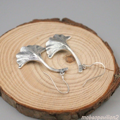 Pure S925 Sterling Silver Earrings Women Lucky Ginkgo Leaf Dangle Earrings Gift