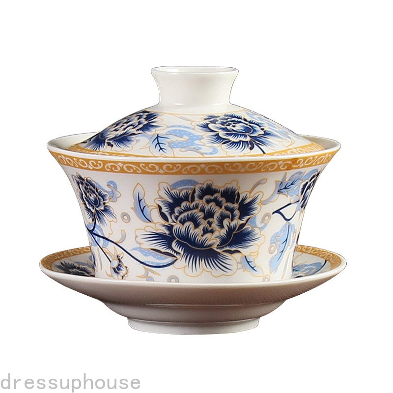 11.9cm Chinese Retro Ceramics Covered Bowl Household Tea Set Tea Bowl