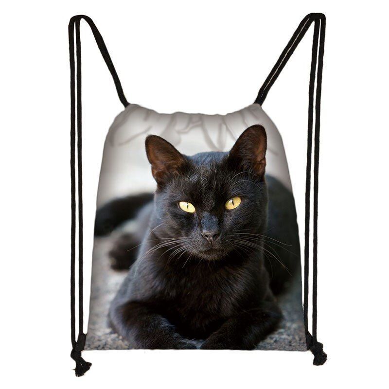 Black Cat Drawstring Bag Women Shopping Purse Canvas Travelling Bag Backpack 1PC