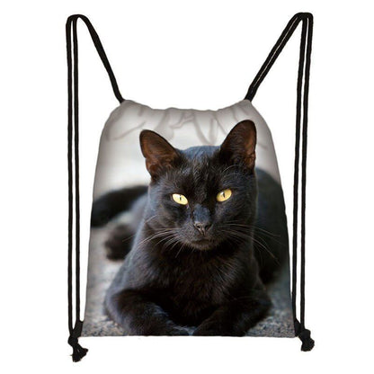 Black Cat Drawstring Bag Women Shopping Purse Canvas Travelling Bag Backpack 1PC