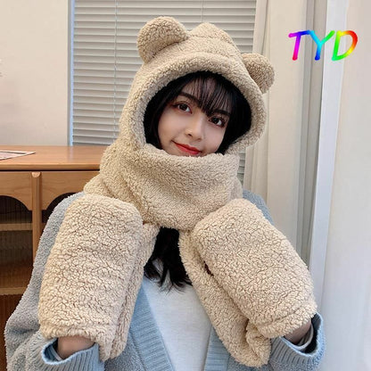 Women Fluffy Scarf Hat Gloves Set Warm 3In1 Hooded Cartoon Bear Cute Ears Winter